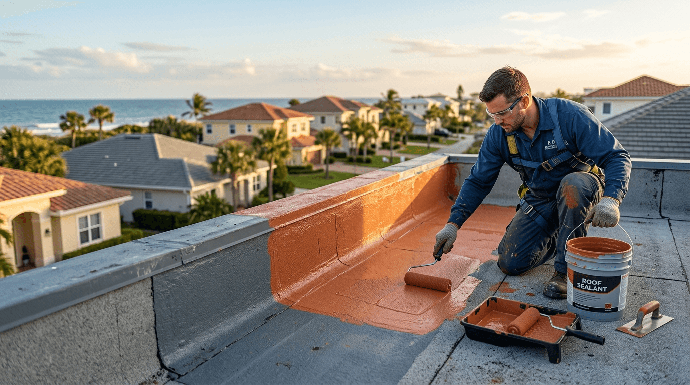 A roofing contractor applies roof sealant with a roller across a low-slope roof.