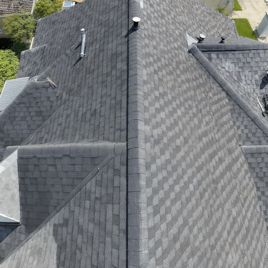 Illustrative before image of an asphalt shingle roof showing granule loss and sun fade.
