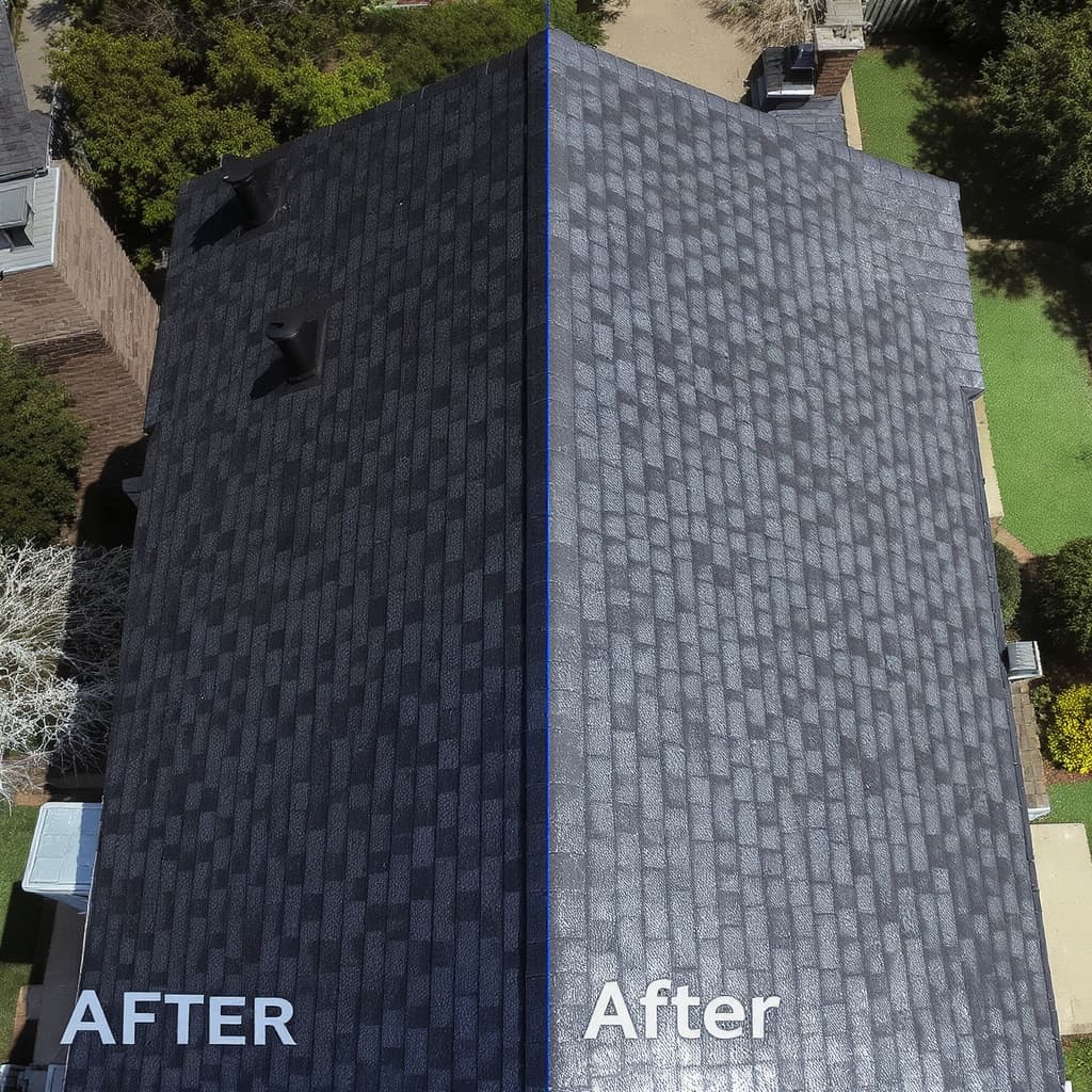 Illustrative after image of the same roof concept after treatment, with restored color.